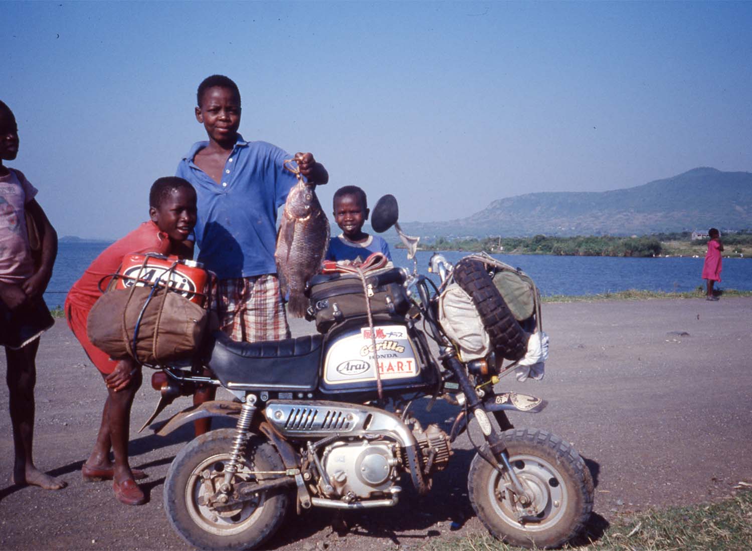 マラウイ湖の近くで魚を売る子供たち。